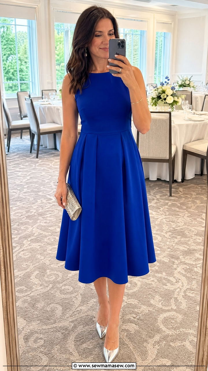 Royal blue fit and flare dress with silver heels - 35 Country club wedding guest outfit ideas