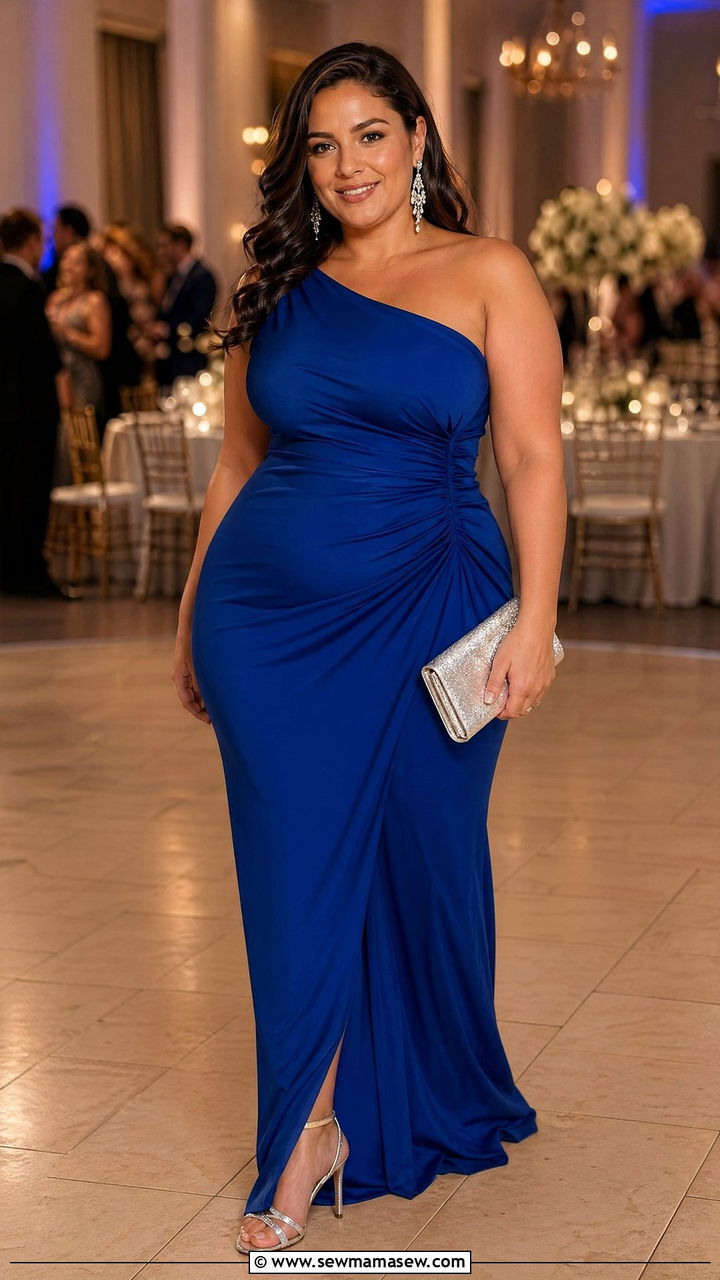 Royal blue maxi dress with side ruching and silver heels - 35 Wedding guest outfits for curvy women