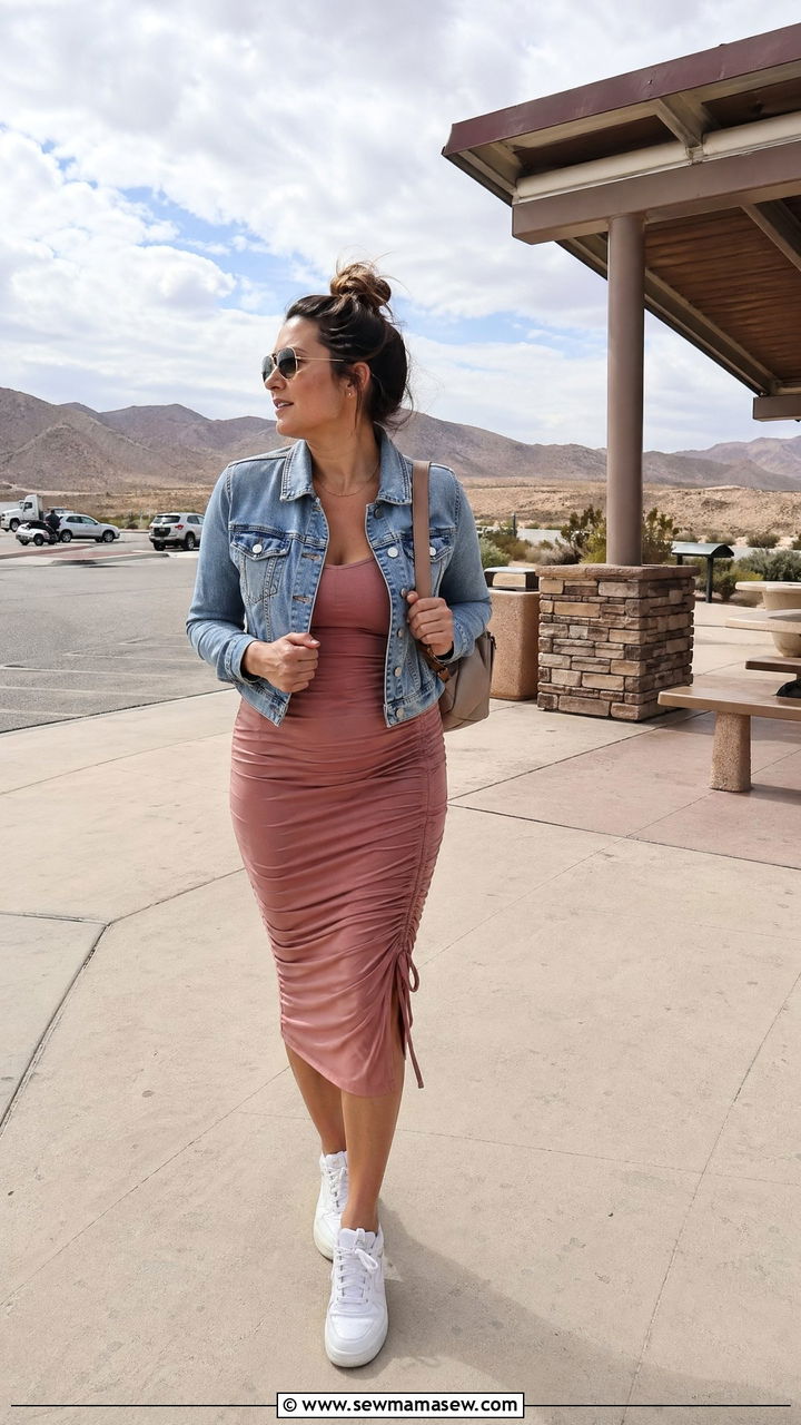 Ruched Bodycon Dress with Denim Jacket and Sneakers - 35 travel outfit ideas for women