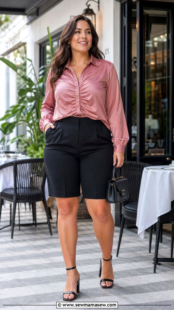 Ruched Satin Blouse With Tailored Bermuda Shorts - 30 Best tops for curvy women