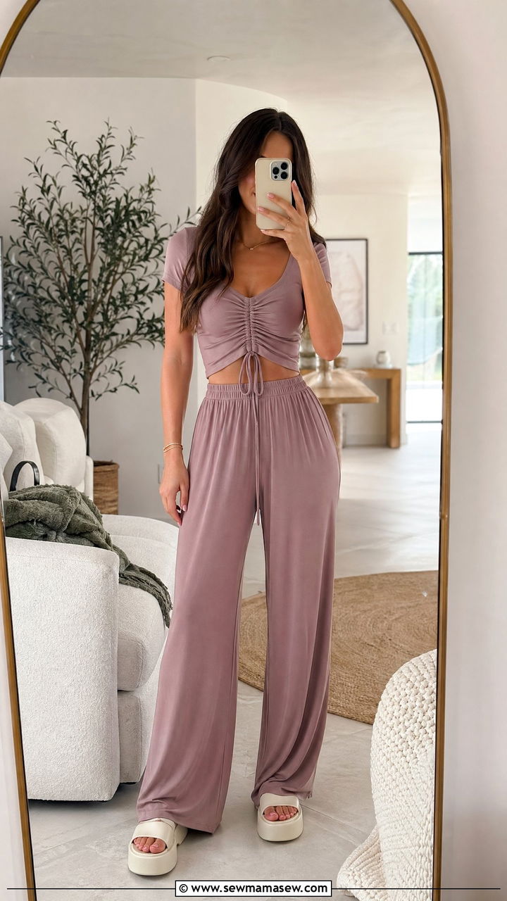 Ruched top and wide leg lounge pants set - 35 cute matching set outfits