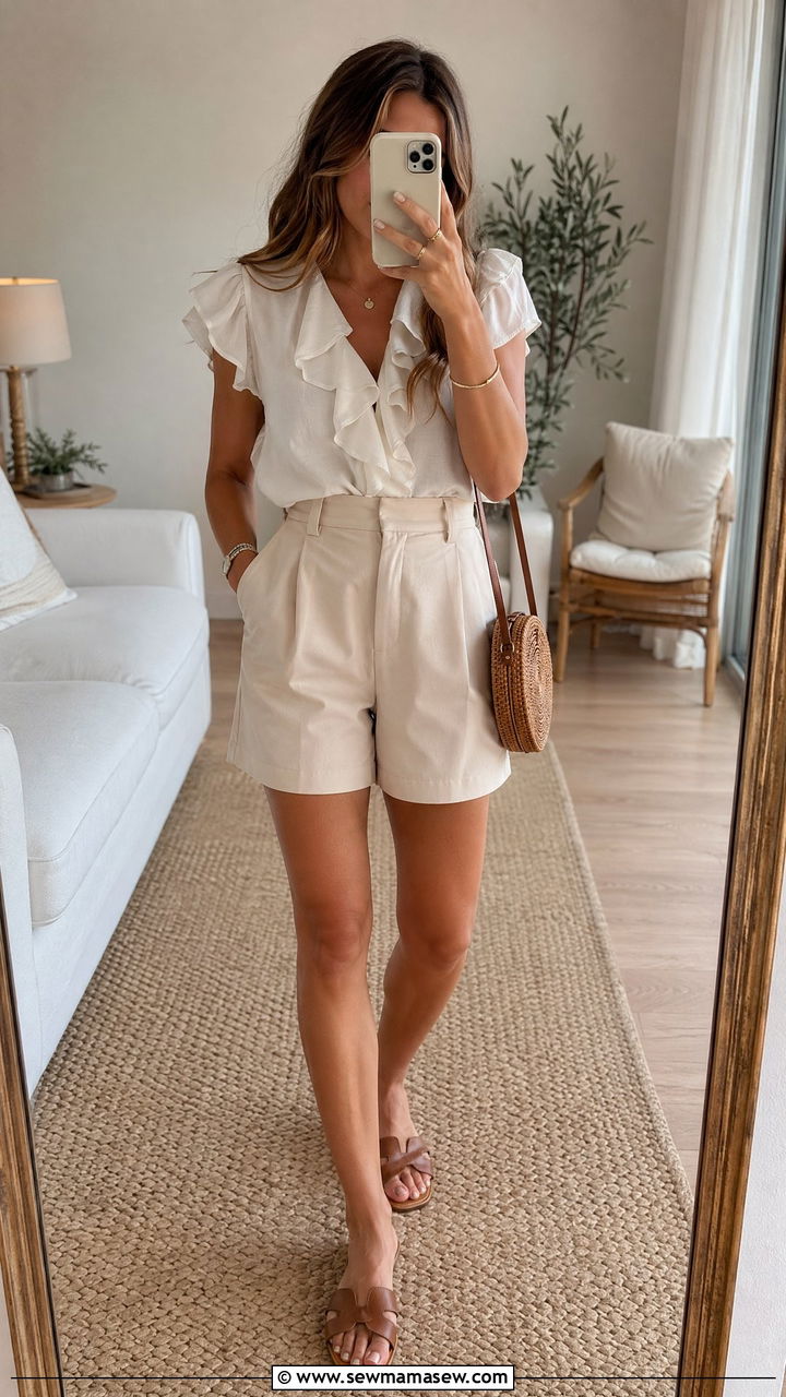 Ruffle Blouse With High Waisted Shorts and Flat Sandals - 35 summer casual chic outfit ideas