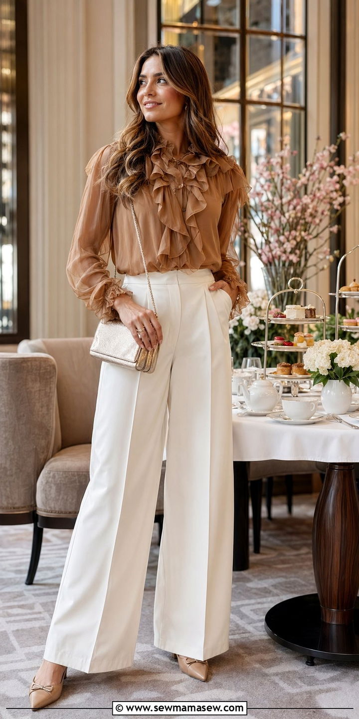 Ruffle Blouse with Wide Leg Trousers - 35 modest classy outfits