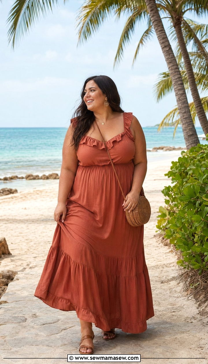Ruffle Hem Maxi Dress and Flat Sandals - 35 Plus size outfit ideas size 22