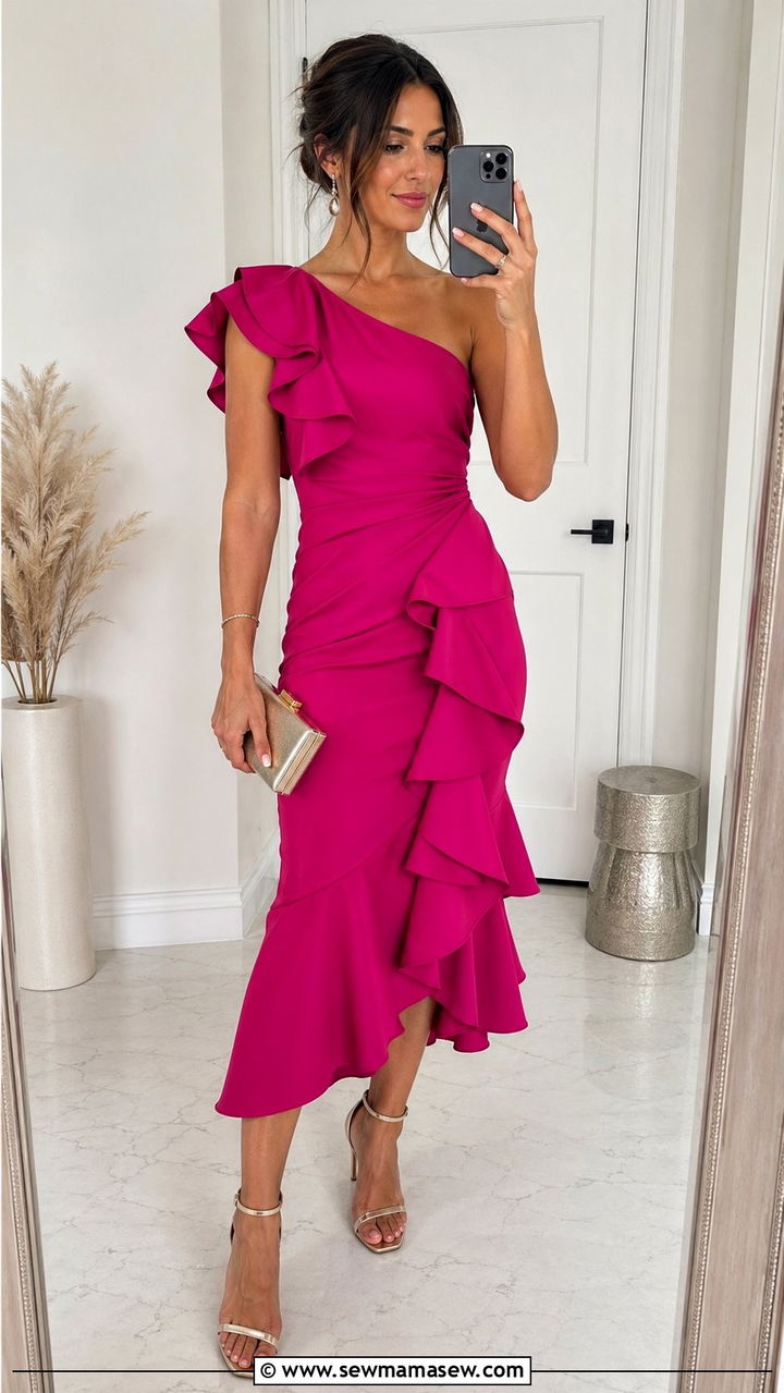 Ruffle Midi Dress and Heeled Sandals - 30 what to wear to a summer wedding guest