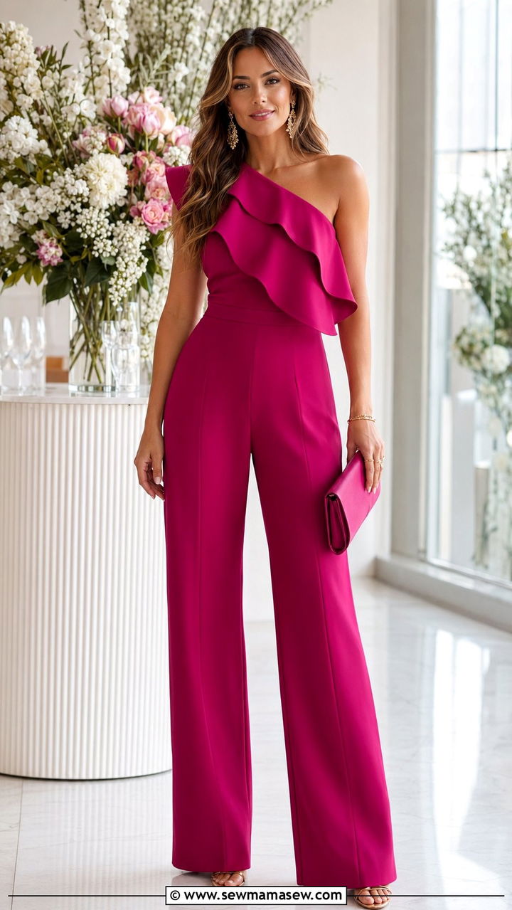 Ruffle One Shoulder Jumpsuit with Heels - 30 Wedding guest jumpsuit outfit ideas
