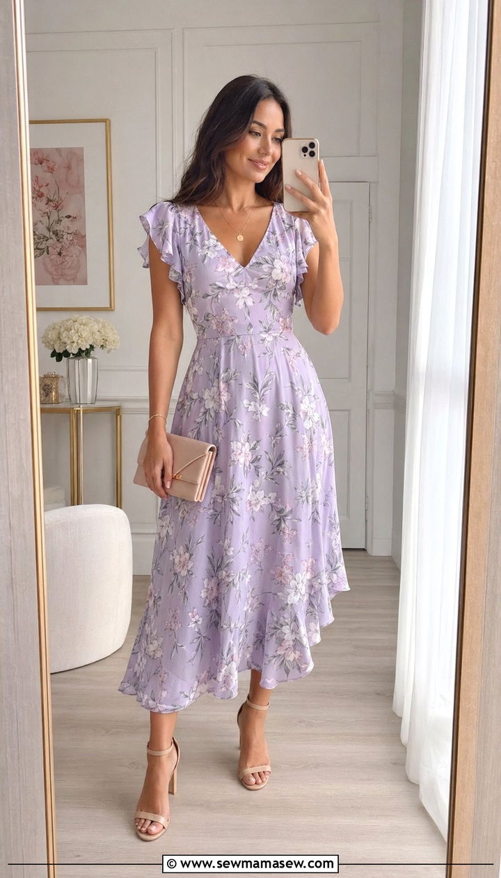 Ruffle Sleeve Floral Midi Dress for Wedding - 30 wedding guest outfits for modest women