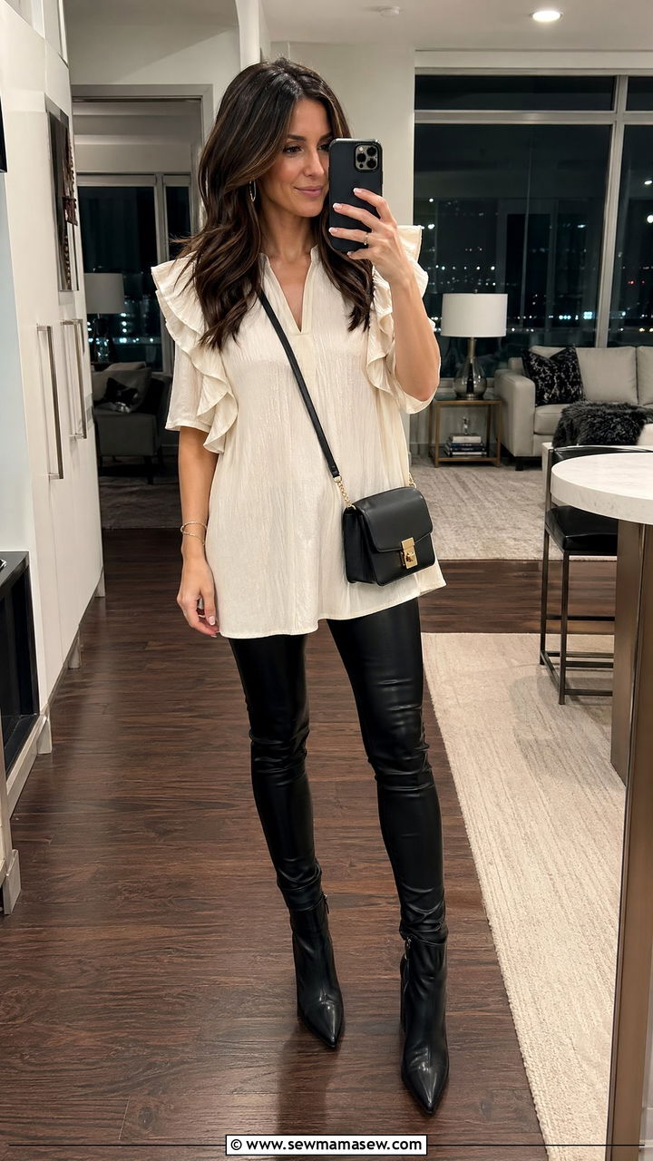 Ruffle Sleeve Tunic With Faux Leather Leggings - 35 spring boho chic outfit ideas