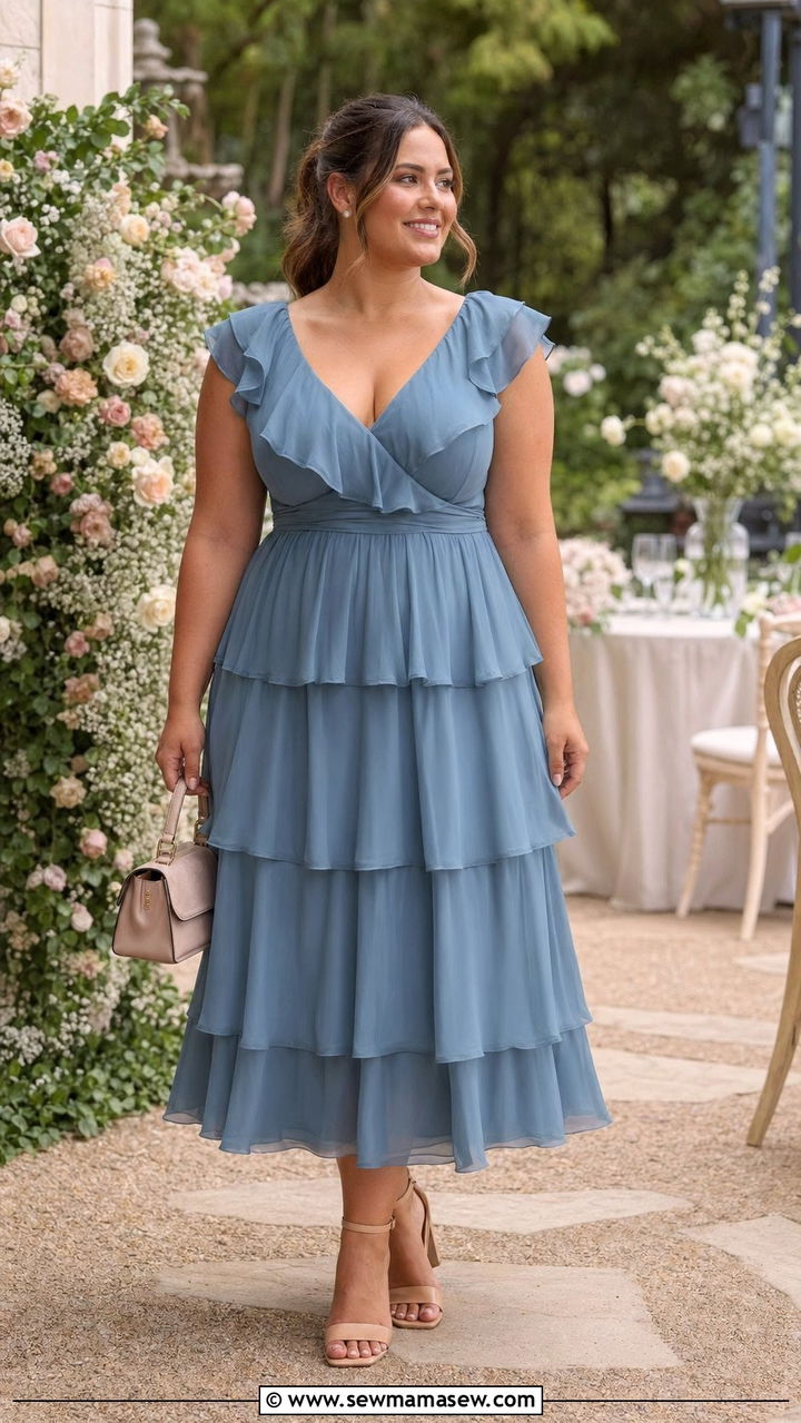 Ruffle Tiered Midi Dress Outfit for Midsize Wedding Guest - 30 Wedding guest outfits for midsize women