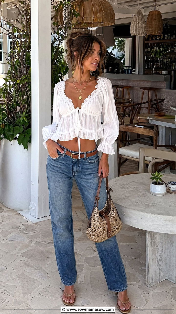 Ruffle Trim Top and Low Rise Jeans Outfit - 35 summer y2k outfits