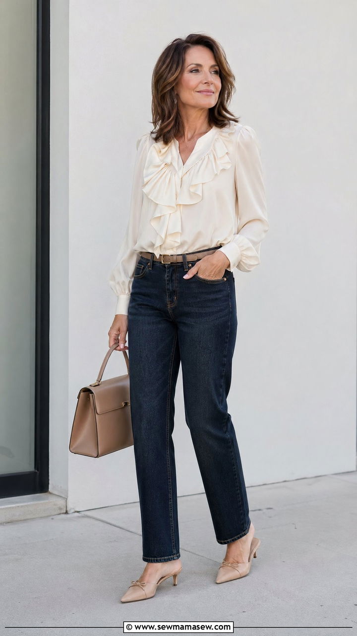 Ruffle blouse and straight leg jeans outfit - 35 What to wear in spring for women over 40