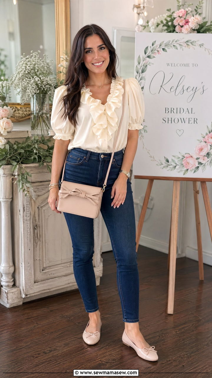 Ruffle blouse high waist jeans and bow crossbody bag - 35 Crossbody bag outfit ideas