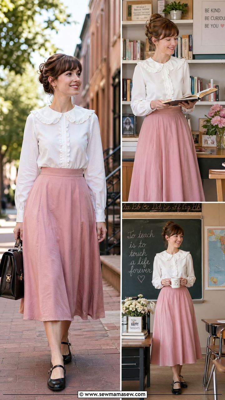 Ruffle collar blouse with high waist skirt and Mary Jane flats - 35 Teacher outfit ideas for school