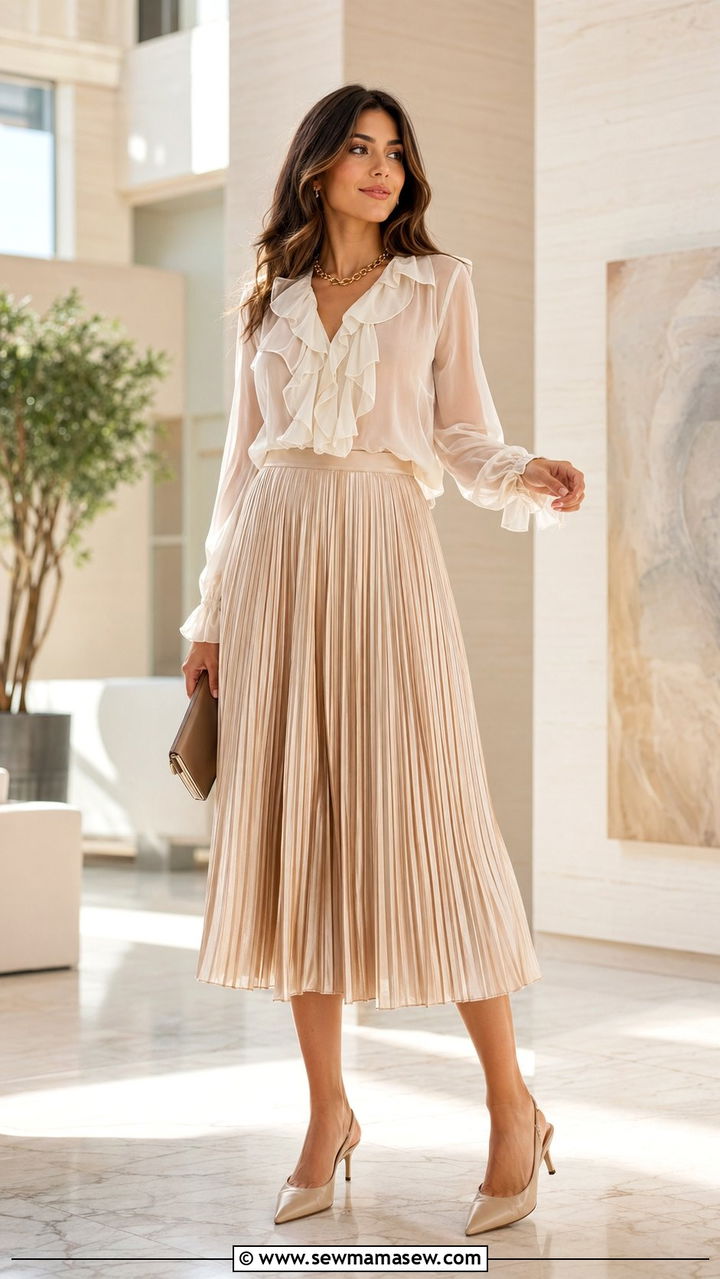 Ruffled Blouse And Pleated Midi Skirt - 35 romantic outfits ideas