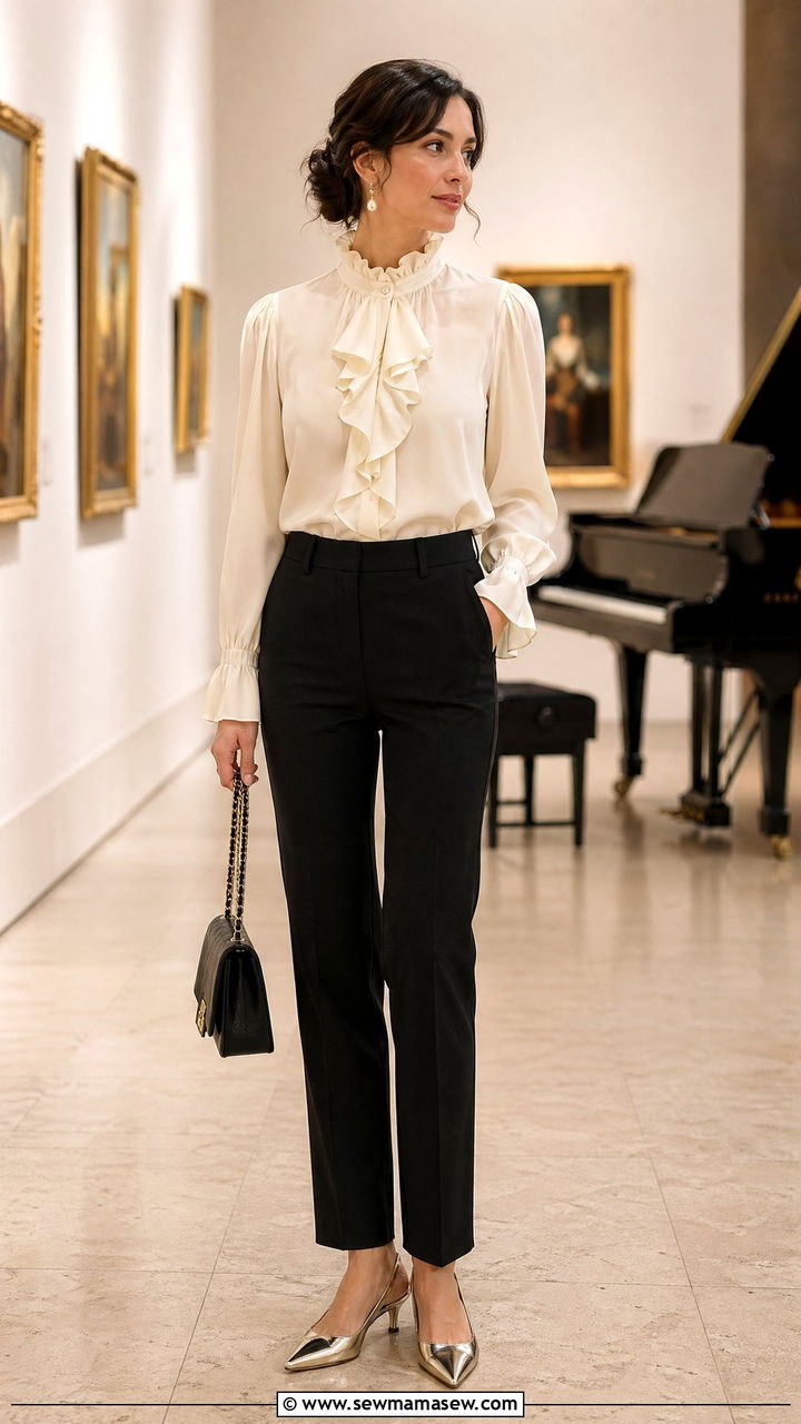 Ruffled Blouse And Tailored Pants For Classical Concert - 35 Classical concert outfit ideas