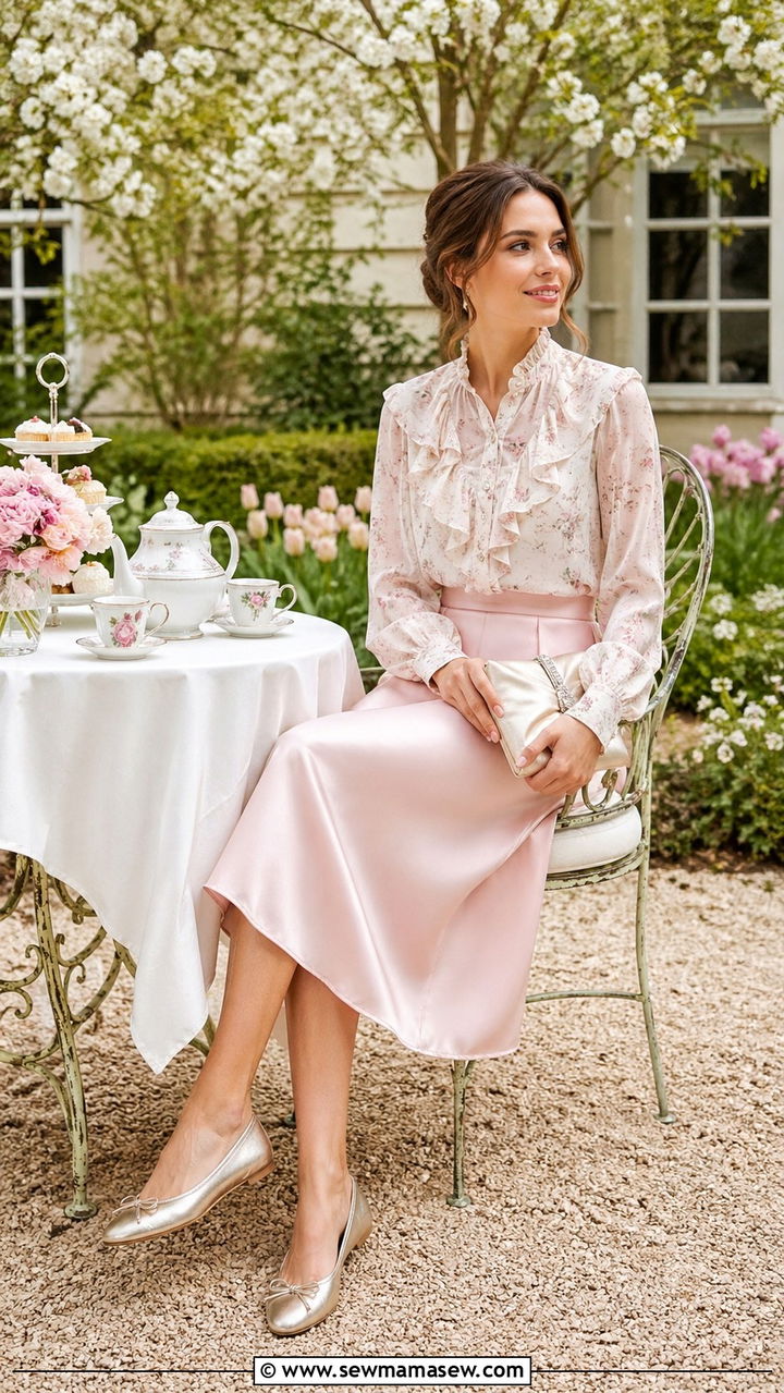 Ruffled Blouse With Midi Skirt And Ballet Flats - 30 Spring countryside outfits
