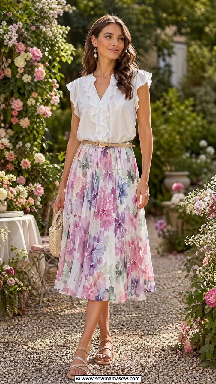 Ruffled Blouse with Floral Midi Skirt - 35 Spring garden party outfit ideas