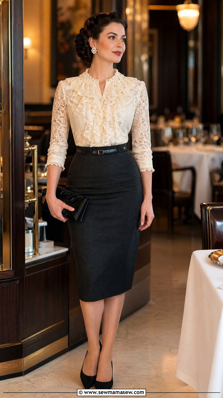 Ruffled Blouse with High Waisted Pencil Skirt - 35 Vintage 50s outfit ideas