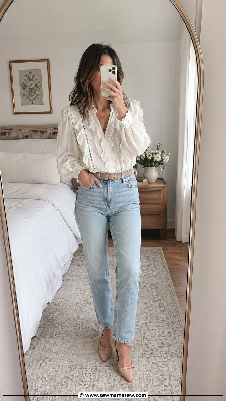 Ruffled Blouse with Jeans Spring Outfit - 35 spring romantic outfits