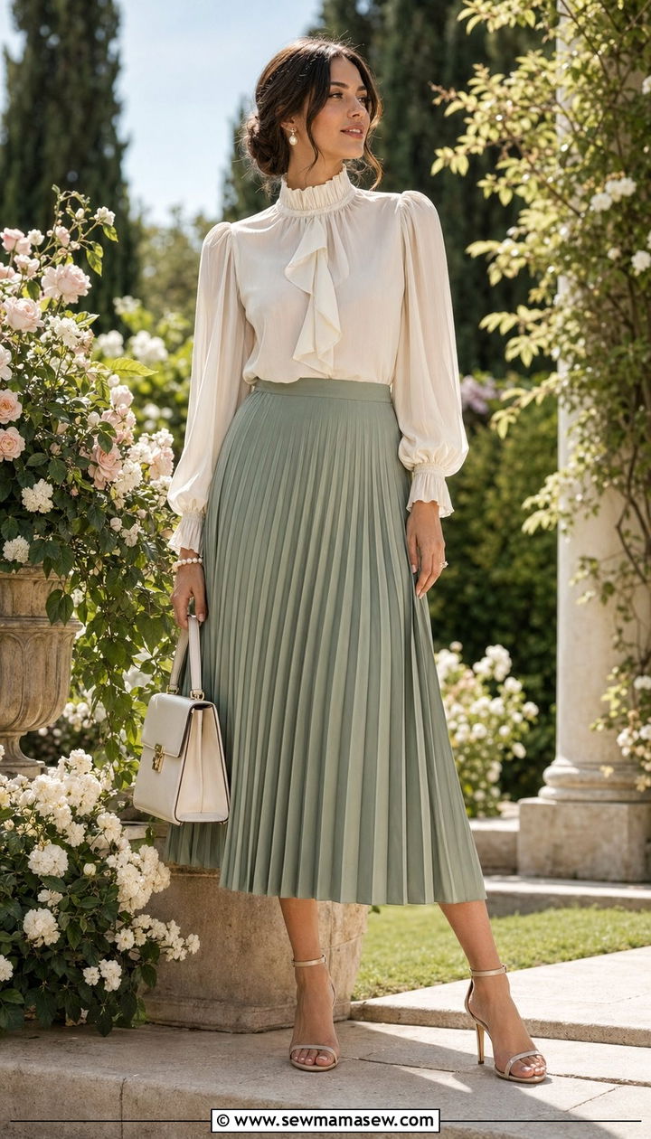 Ruffled Blouse with Midi Skirt Wedding Guest - 30 wedding guest outfits for modest women