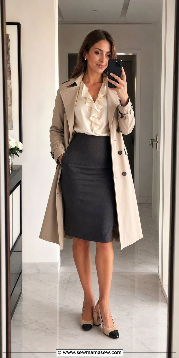 Ruffled Blouse with Pencil Skirt - 30 Wedding guest outfits for rainy weather