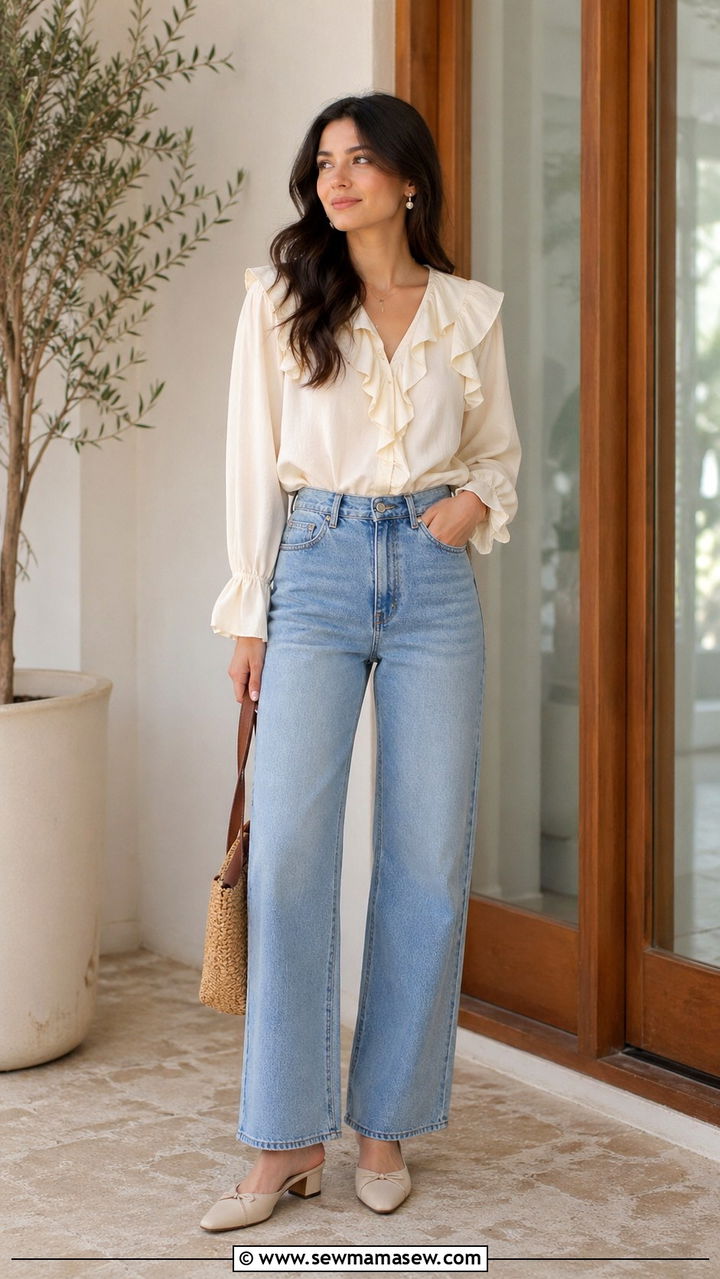 Ruffled Blouse with Straight Leg Jeans - 30 spring modest outfit ideas