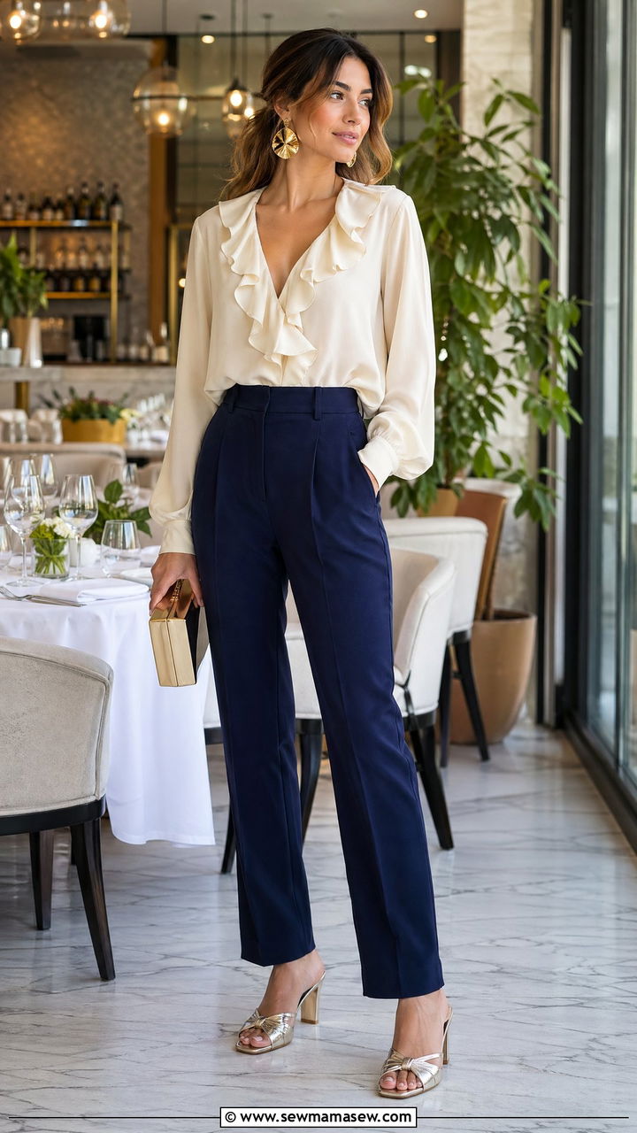 Ruffled Blouse with Tailored Trousers and Heeled Sandals - 35 Cool spring outfits