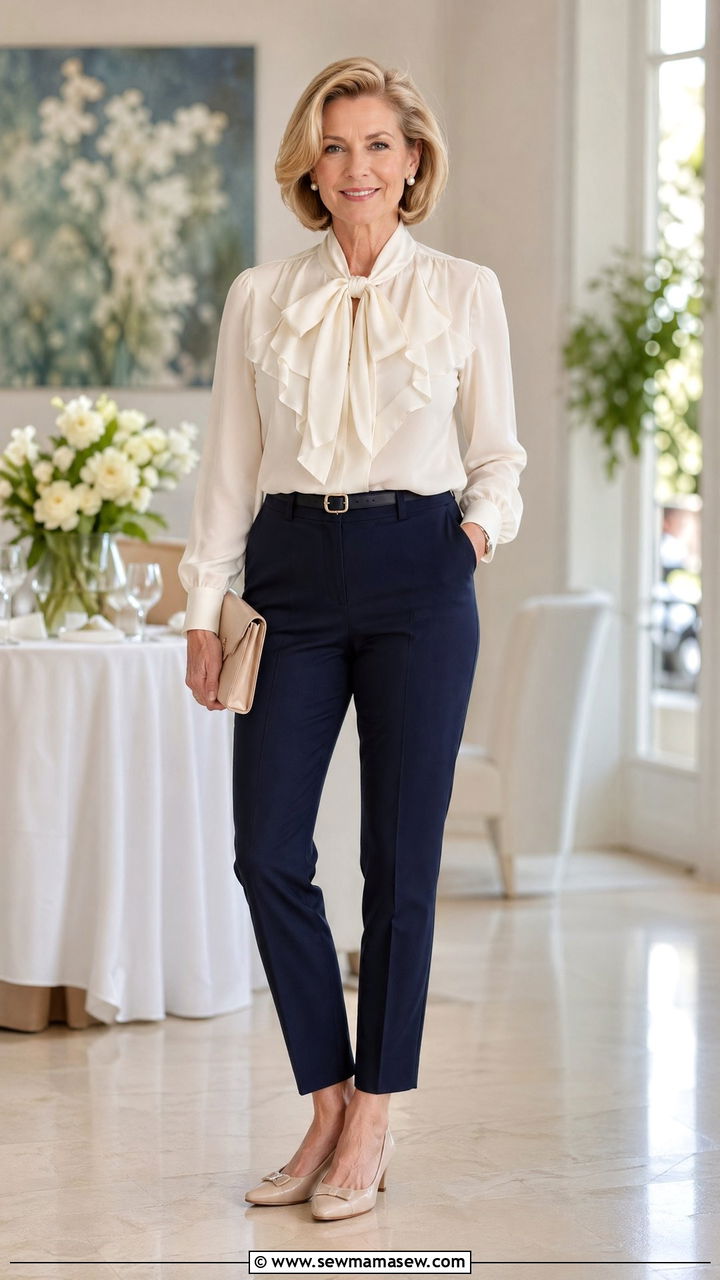 Ruffled Blouse with Tapered Trousers and Kitten Heels - 35 Spring outfits for women over 50