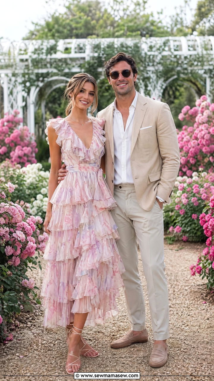 Ruffled Dress and Blazer Garden Party Couple Outfit - 35 Couples photoshoot outfit ideas