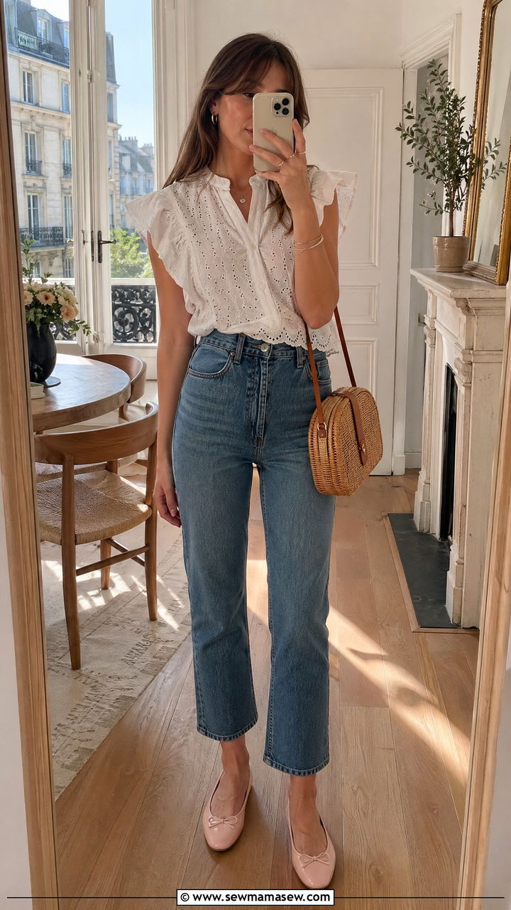 Ruffled Eyelet Blouse With Cropped Straight Leg Jeans And Ballet Flats - 35 spring french girl outfits