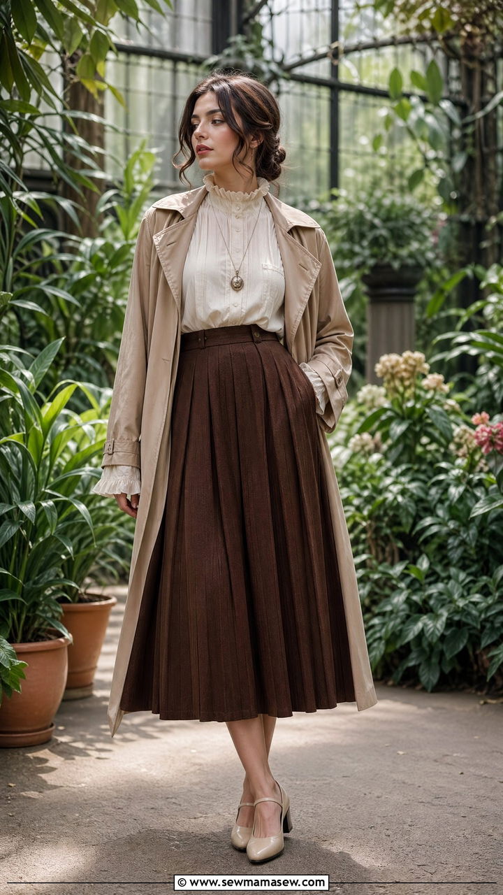 Ruffled High Neck Blouse and Pleated Skirt with Trench Coat - 35 dark academia outfits