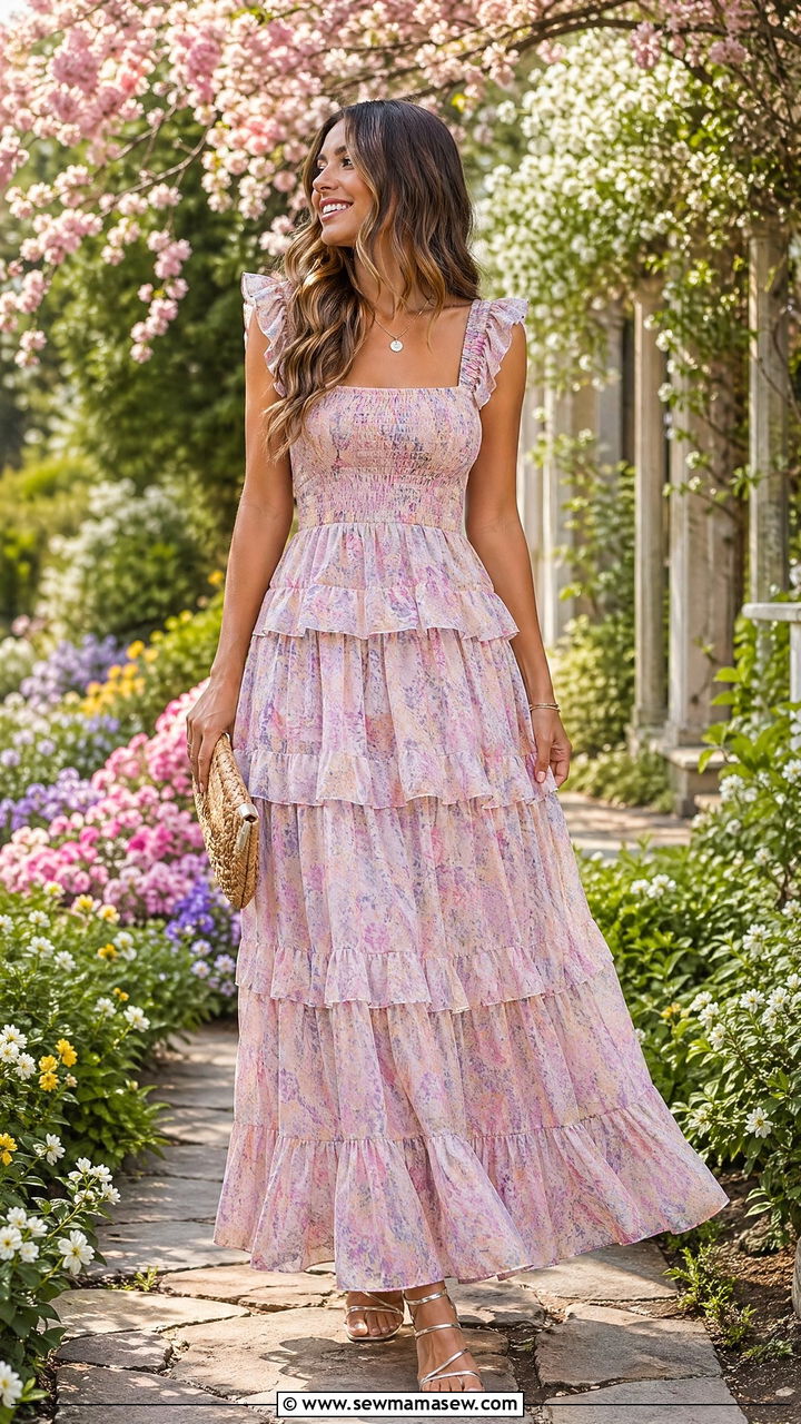 Ruffled Maxi Dress With Strappy Sandals - 35 spring outfit ideas for women