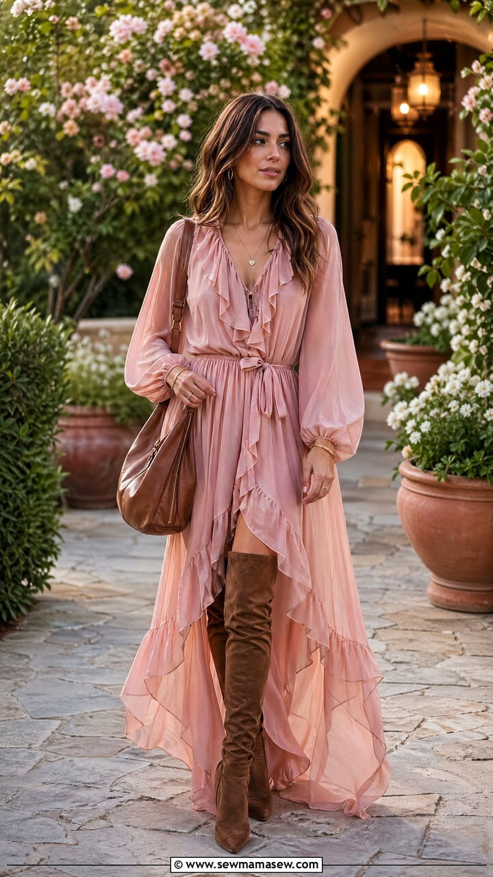 Ruffled Maxi Dress with Leather Bag - 35 spring boho chic outfits
