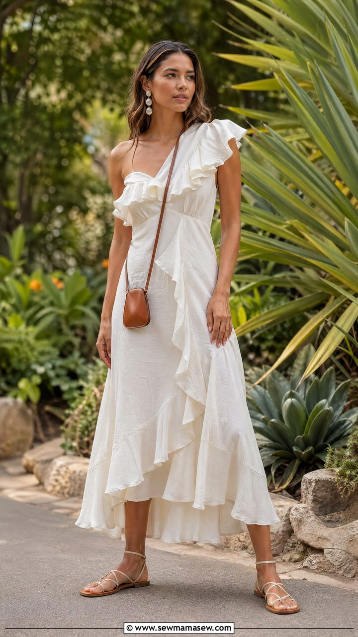 Ruffled Midi Dress and Flat Sandals Summer Scandinavian Outfit - 35 summer scandinavian outfit ideas