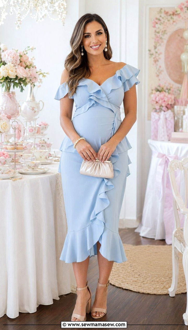 Ruffled Midi Dress with Pearl Earrings and Heels - 30 what to wear to a baby shower