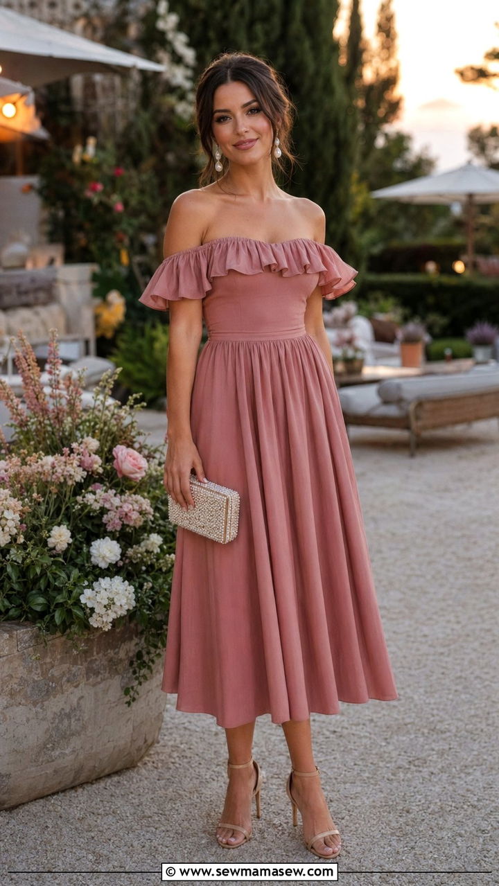 Ruffled Off Shoulder Midi Dress - 35 Old Hollywood outfit ideas