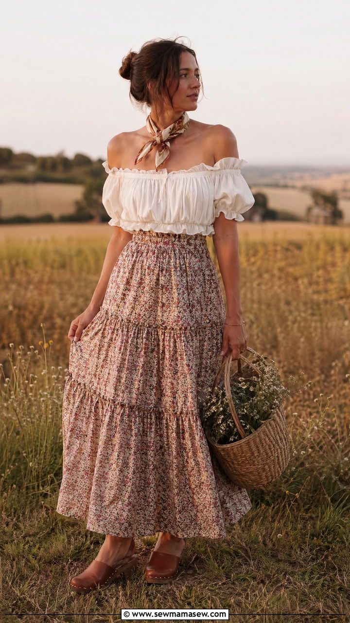 Ruffled Peasant Blouse With Tiered Maxi Skirt - 35 summer cottagecore outfit ideas