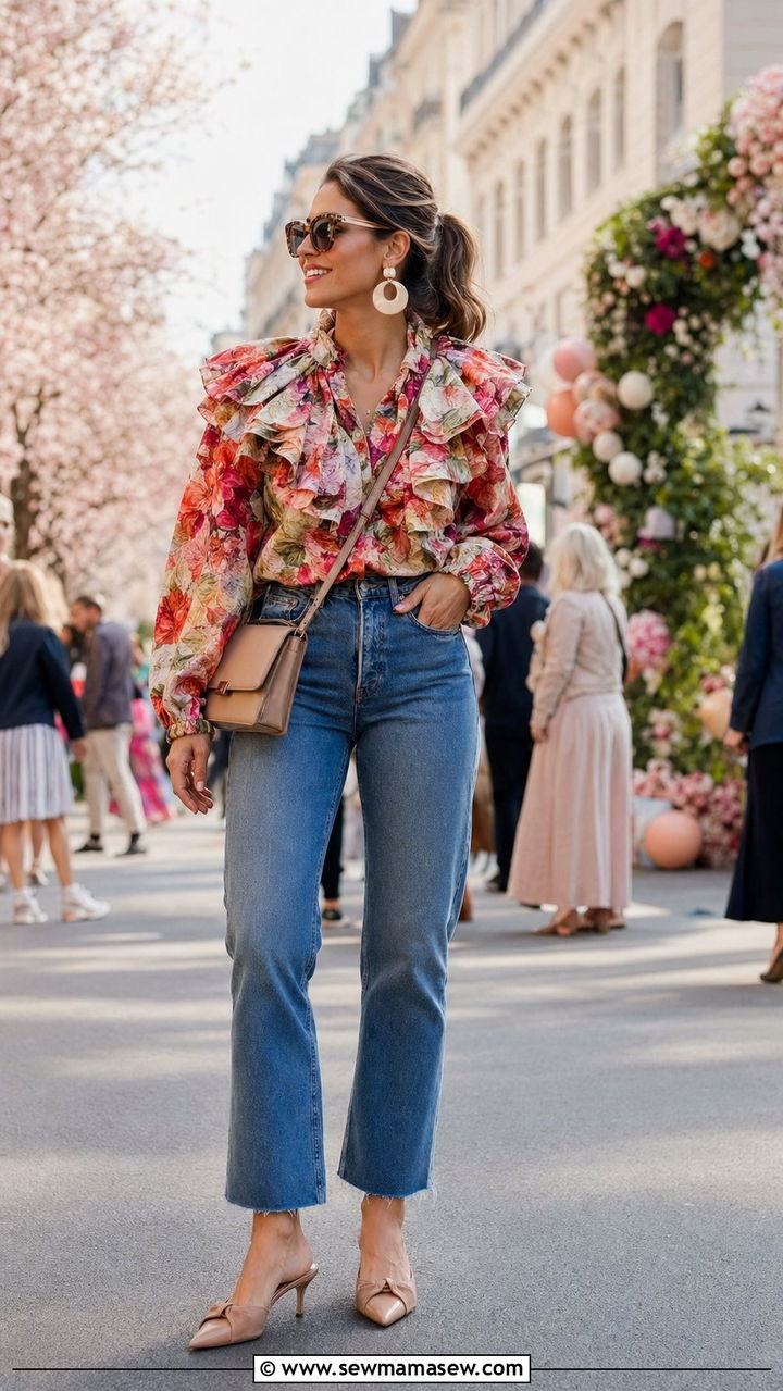 Ruffled Statement Top with Straight Leg Jeans - 30 What to wear to a spring festival