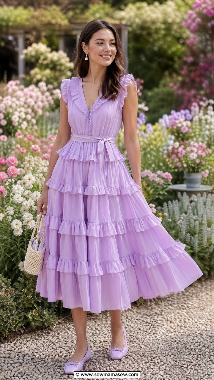 Ruffled Tiered Dress with Ballet Flats - 35 Spring garden party outfit ideas