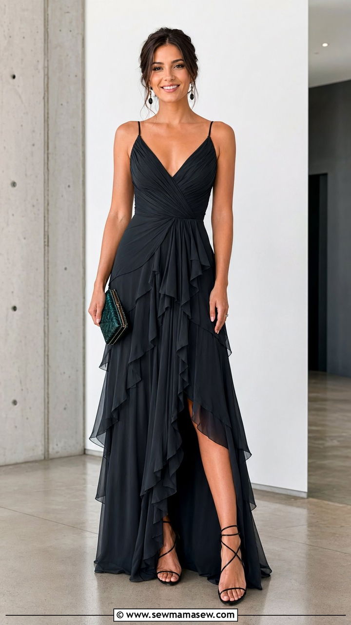 Ruffled Tiered Gown With Statement Clutch - 30 Black tie event outfit ideas