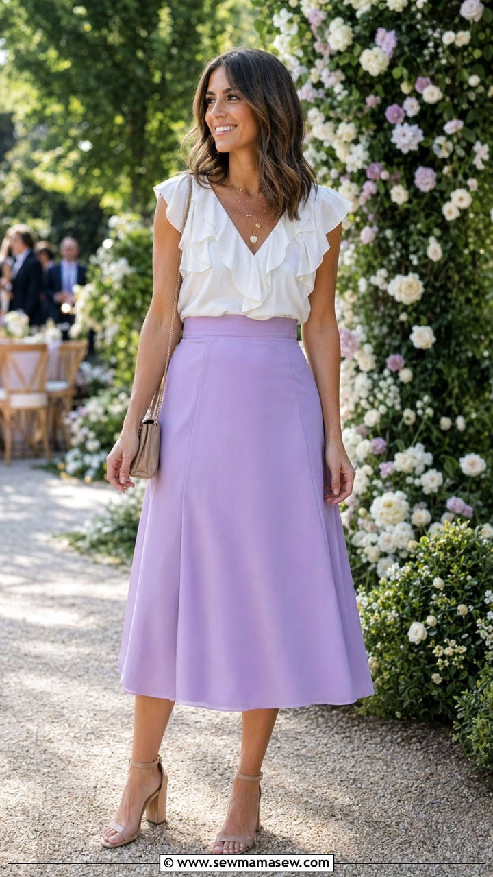 Ruffled Top and A Line Skirt Wedding Guest Outfit - 30 Wedding guest outfits for pear shape