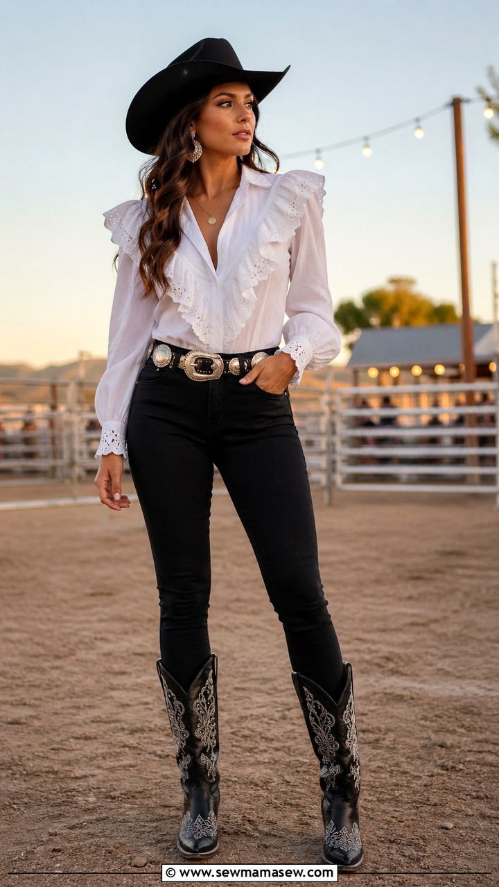 Ruffled White Blouse With Black Denim - 30 Rodeo outfit ideas for women 2026