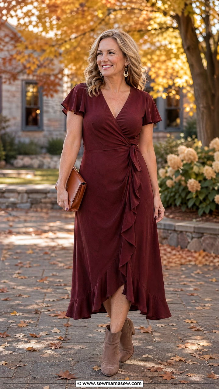 Ruffled Wrap Hem Dress for Fall Wedding - 35 Wedding guest outfits for women over 40