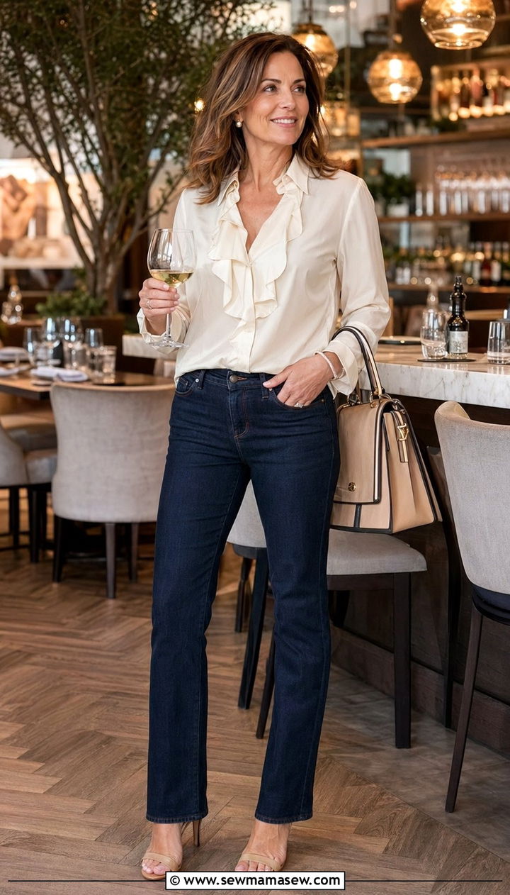 Ruffled blouse with straight leg jeans dinner outfit over 40 - 35 Night out outfit ideas women over 40
