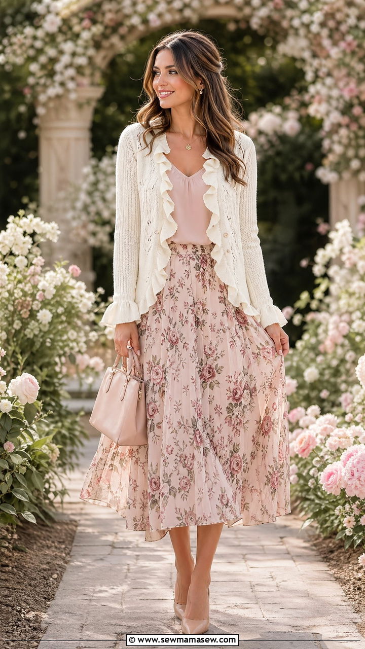 Ruffled cardigan with printed midi skirt - 35 Summer outfits with cardigan