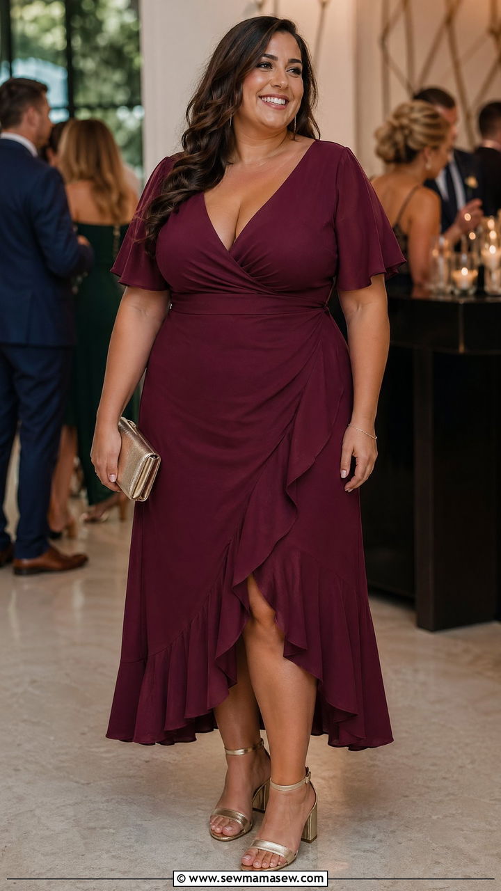 Ruffled hem midi dress outfit - 35 Curvy girl wedding guest outfits