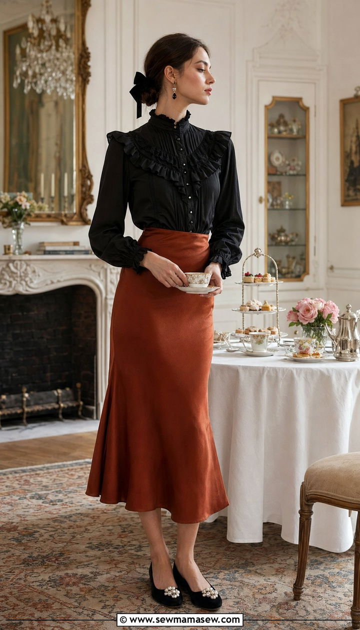 Ruffled high neck blouse with a satin midi skirt - 30 Whimsigoth outfit ideas