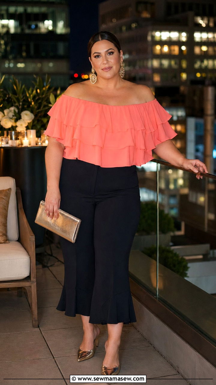 Ruffled off shoulder top with cropped flare pants - 35 Plus size outfit ideas size 18 summer