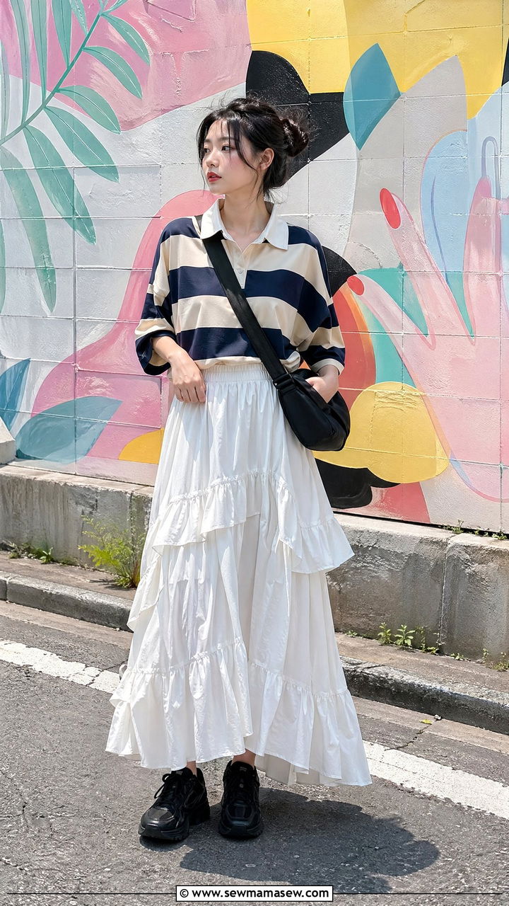 Rugby Shirt And Ruffled Maxi Skirt Outfit Spring Japan - 35 Spring Japan outfit ideas