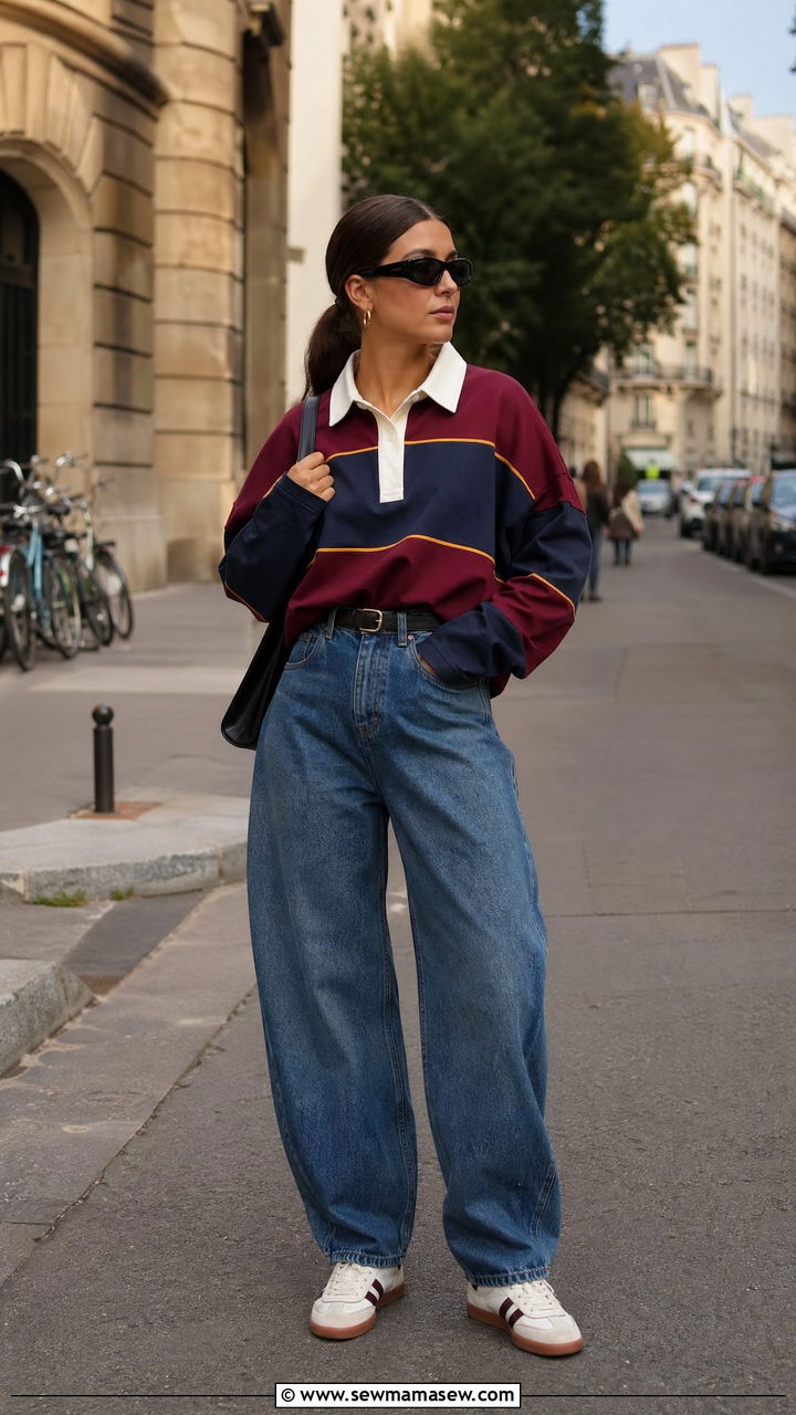 Rugby Shirt Barrel Jeans And Retro Sneakers - 35 spring street style outfit ideas